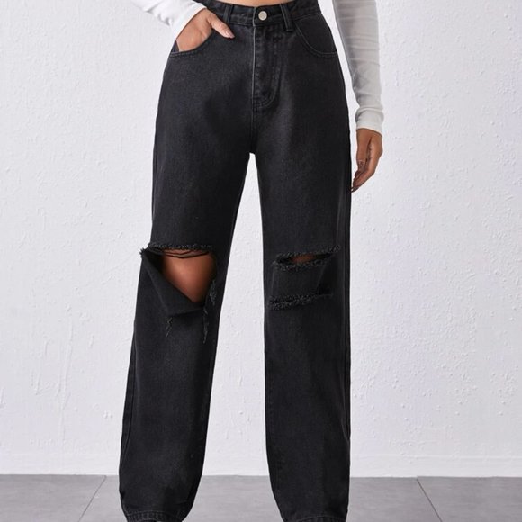 Large Black High-Waisted Ripped Baggy Wide Leg Jeans - Picture 1 of 6